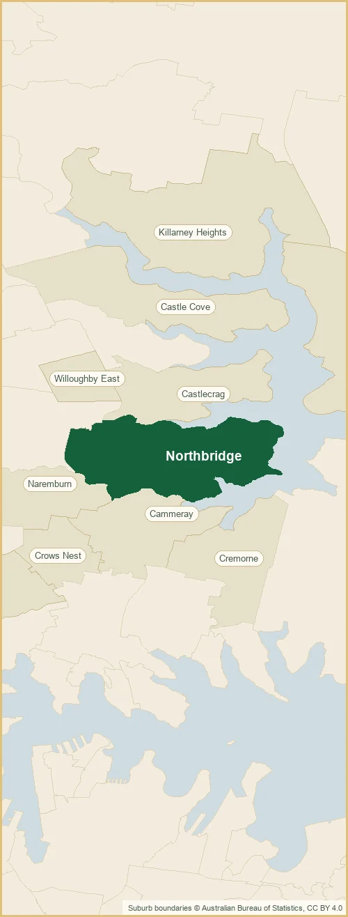 Map of the Northbridge plumbing service area, with Northbridge shaded and the surrounding suburbs marked: Cammeray, Castle Cove, Castlecrag out to Cremorne, Crows Nest, Killarney Heights and more