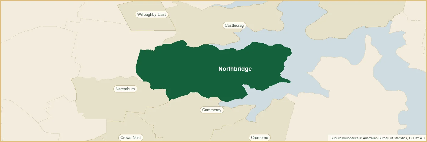 Map of the Northbridge plumbing service area, covering Cammeray, Castle Cove, Castlecrag, Cremorne, Crows Nest, Killarney Heights, Naremburn, North Balgowlah, Seaforth, Willoughby East, Wollstonecraft, Cammeray, Castle Cove, Castlecrag, Cremorne, Crows Nest, Killarney Heights, Naremburn and North Balgowlah